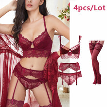 Load image into Gallery viewer, Sexy lace thin cotton cup breast bra set (bra+panty+garter belt +stocking) 4pieces/lots Lingerie Set