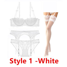 Load image into Gallery viewer, Sexy lace thin cotton cup breast bra set (bra+panty+garter belt +stocking) 4pieces/lots Lingerie Set