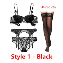 Load image into Gallery viewer, Sexy lace thin cotton cup breast bra set (bra+panty+garter belt +stocking) 4pieces/lots Lingerie Set
