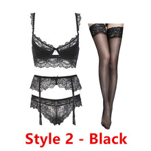 Load image into Gallery viewer, Sexy lace thin cotton cup breast bra set (bra+panty+garter belt +stocking) 4pieces/lots Lingerie Set
