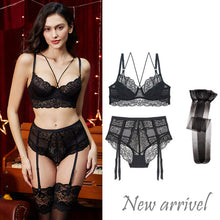 Load image into Gallery viewer, Sexy lace thin cotton cup breast bra set (bra+panty+garter belt +stocking) 4pieces/lots Lingerie Set
