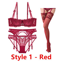 Load image into Gallery viewer, Sexy lace thin cotton cup breast bra set (bra+panty+garter belt +stocking) 4pieces/lots Lingerie Set
