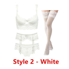 Load image into Gallery viewer, Sexy lace thin cotton cup breast bra set (bra+panty+garter belt +stocking) 4pieces/lots Lingerie Set
