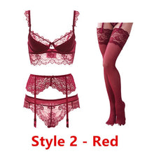 Load image into Gallery viewer, Sexy lace thin cotton cup breast bra set (bra+panty+garter belt +stocking) 4pieces/lots Lingerie Set
