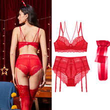 Load image into Gallery viewer, Sexy lace thin cotton cup breast bra set (bra+panty+garter belt +stocking) 4pieces/lots Lingerie Set
