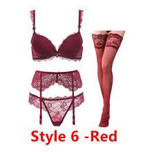 Load image into Gallery viewer, Sexy lace thin cotton cup breast bra set (bra+panty+garter belt +stocking) 4pieces/lots Lingerie Set
