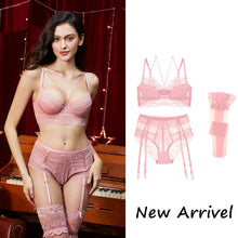 Load image into Gallery viewer, Sexy lace thin cotton cup breast bra set (bra+panty+garter belt +stocking) 4pieces/lots Lingerie Set
