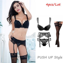 Load image into Gallery viewer, Sexy lace thin cotton cup breast bra set (bra+panty+garter belt +stocking) 4pieces/lots Lingerie Set
