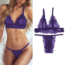 Load image into Gallery viewer, Sexy Lingerie Set Women Transparent Lace Babydoll Open Bra Set Floral Purple G-String Underwear Set Nightwear Bra And Panty Sets
