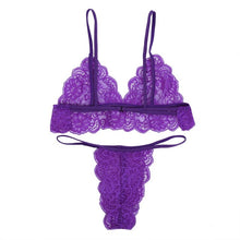 Load image into Gallery viewer, Sexy Lingerie Set Women Transparent Lace Babydoll Open Bra Set Floral Purple G-String Underwear Set Nightwear Bra And Panty Sets
