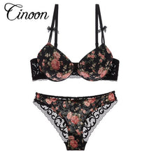 Load image into Gallery viewer, Famous Brand Sexy High Quality Women Print Bra set Silk Lace Flower Push up Big size Underwear Bow Bra and Hollow out Panties
